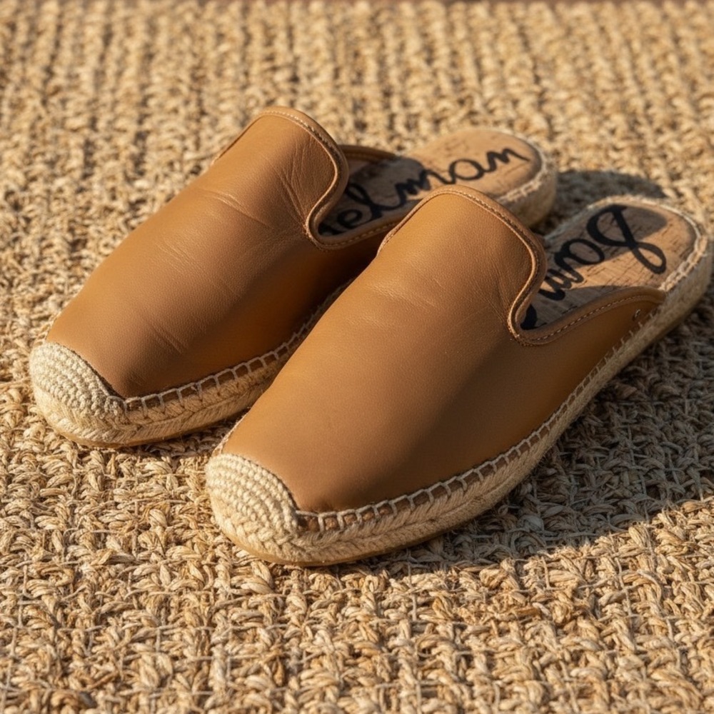 Sam Edelman Kerry Tan Leather Espadrille Mules Size 9M Flat Slip On Shoes